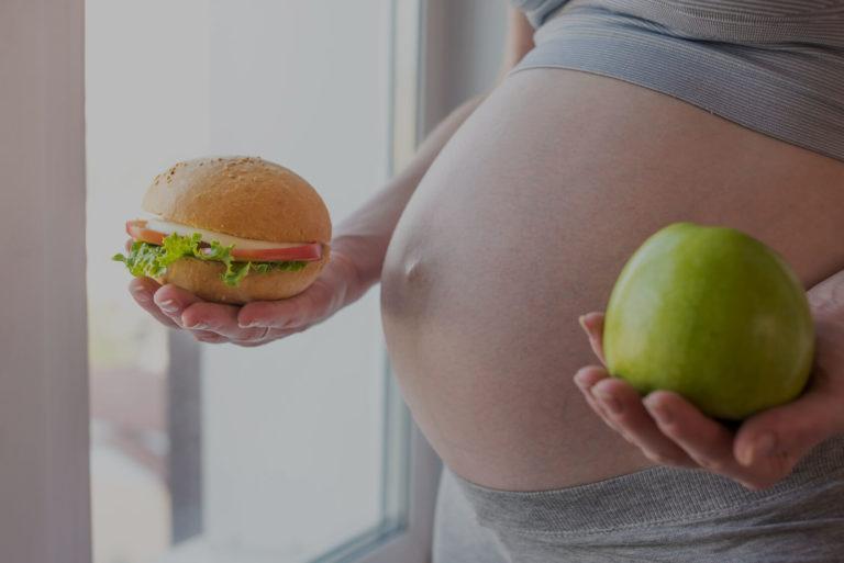 Ventre d'une femme enceinte avec une pomme dans la main gauche et un sandwich celle de droite