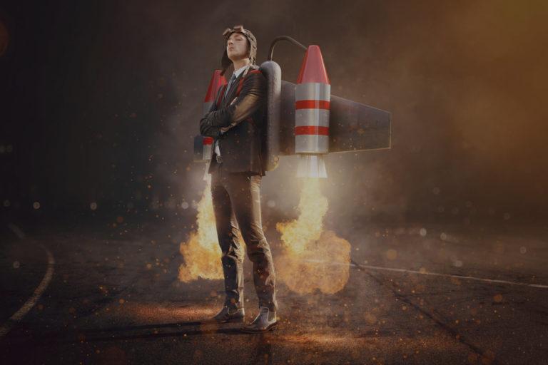 Illustration montrant un homme avec une fusée sur le dos